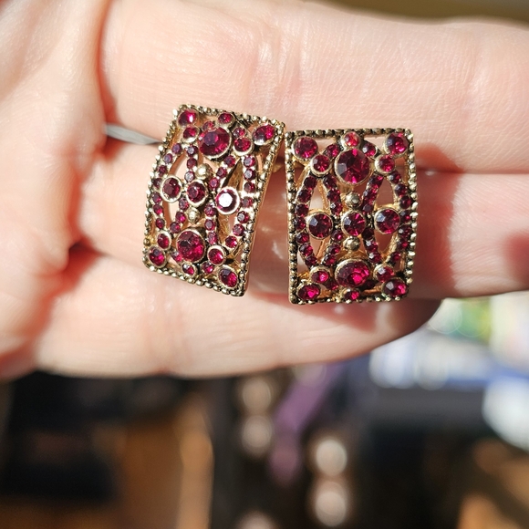 Monet Ruby Red Rectangular Earrings - Picture 1 of 4